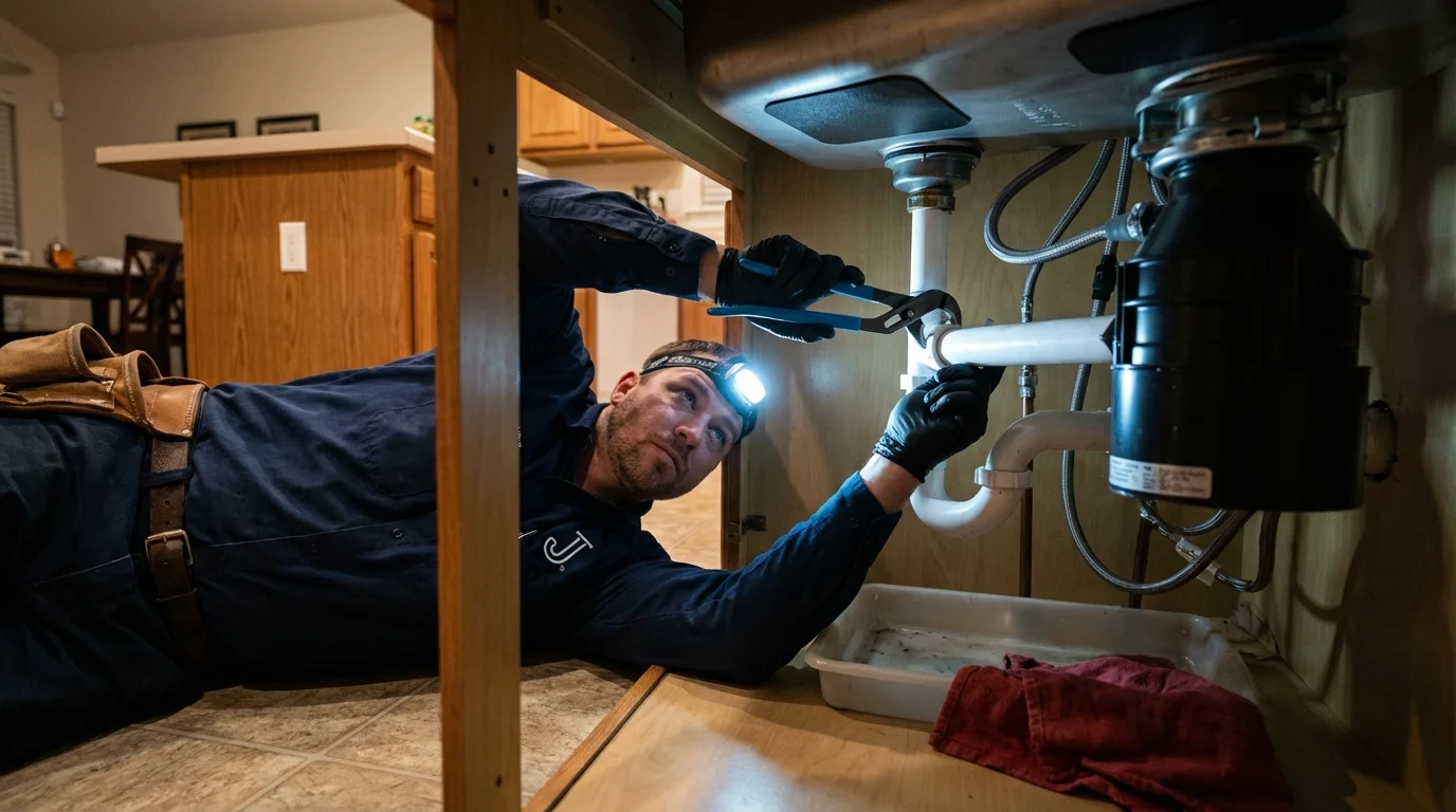 P-trap and supply line connections under a kitchen sink showing a common leak point in Lake City, CO